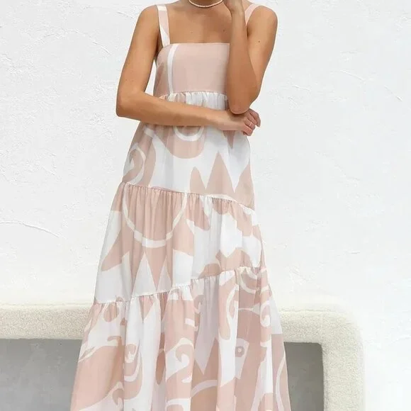 Women's Flowy Maxi Sundress Sleeveless Abstract Print Beach Vacation Wear - Picture 7 of 9